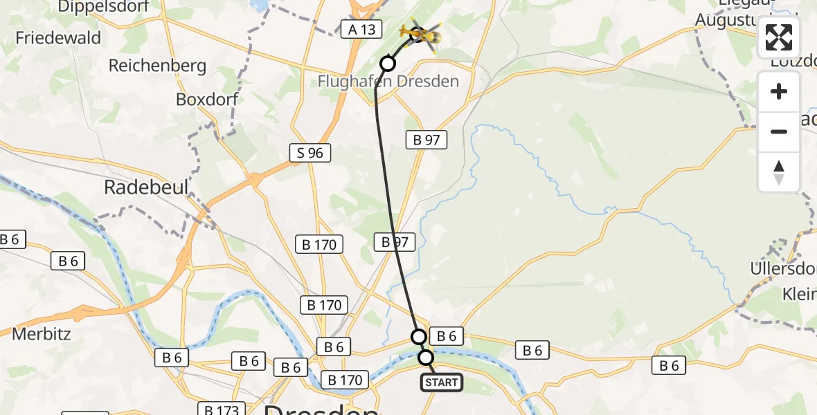 Flugroute Rettungshubschrauber Dresden University Hospital - Dresden Bundespolizei Hubschrauberlandeplatz, 20 Juli 2026, 17:20