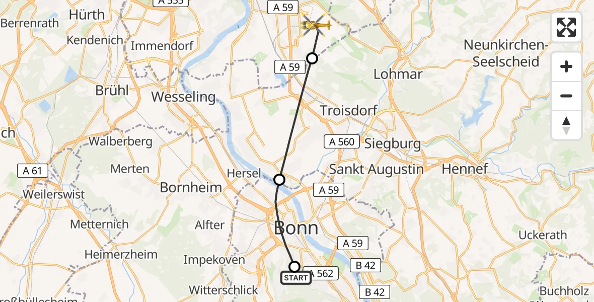Flugroute Ambulanzhubschrauber Bonn University Hospital - Köln Bonn Flughafen, 20 Juli 2026, 17:23