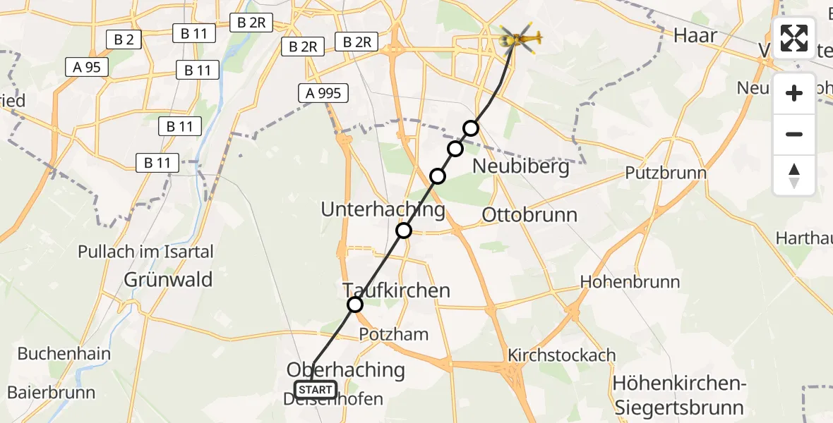 Flugroute Rettungshubschrauber Oberhaching - München, 20 Juli 2026, 17:24