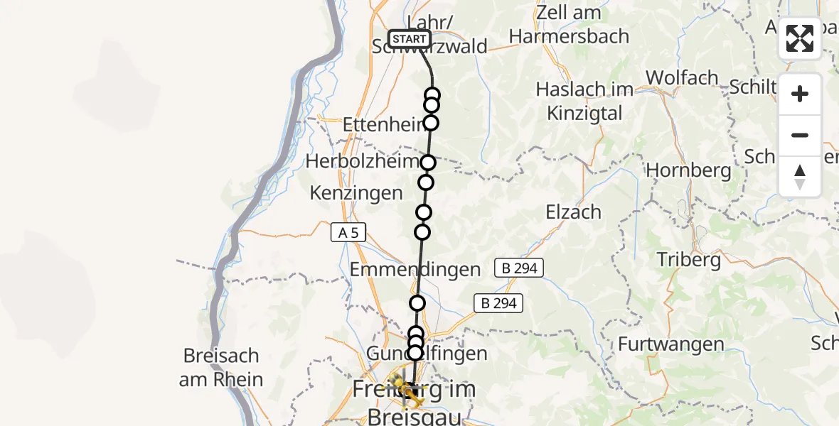 Flugroute Ambulanzhubschrauber Lahr/Schwarzwald - Freiburg University Hospital Heliport 1, 20 Juli 2026, 17:29
