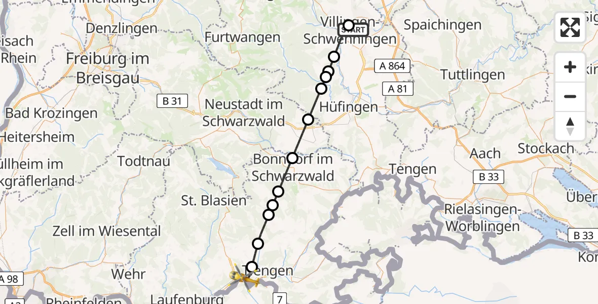 Flugroute Ambulanzhubschrauber DRF Air Rescue Station Villingen-Schwenningen Hubschrauberlandeplatz (Christoph 11) - Waldshut-Tiengen, 20 Juli 2026, 17:31