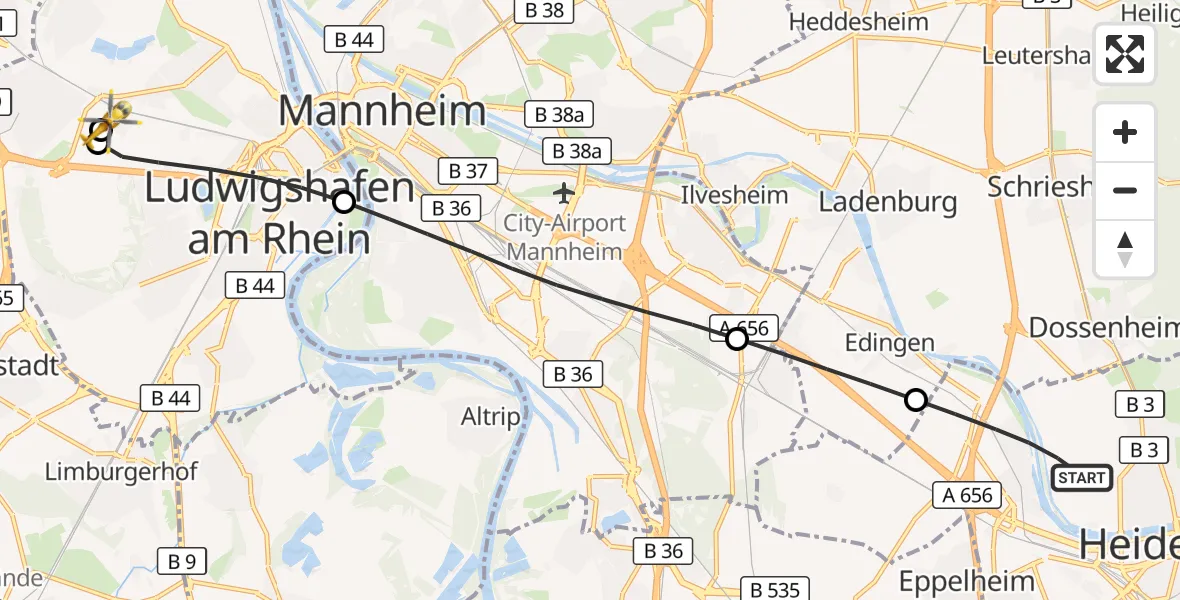 Flugroute Rettungshubschrauber Heidelberg - Ludwigshafen Accident Hospital, 20 Juli 2026, 17:36