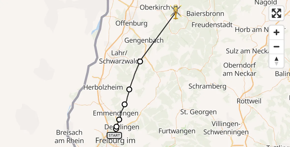 Flugroute Ambulanzhubschrauber Freiburg im Breisgau - Oppenau, 20 Juli 2026, 17:48