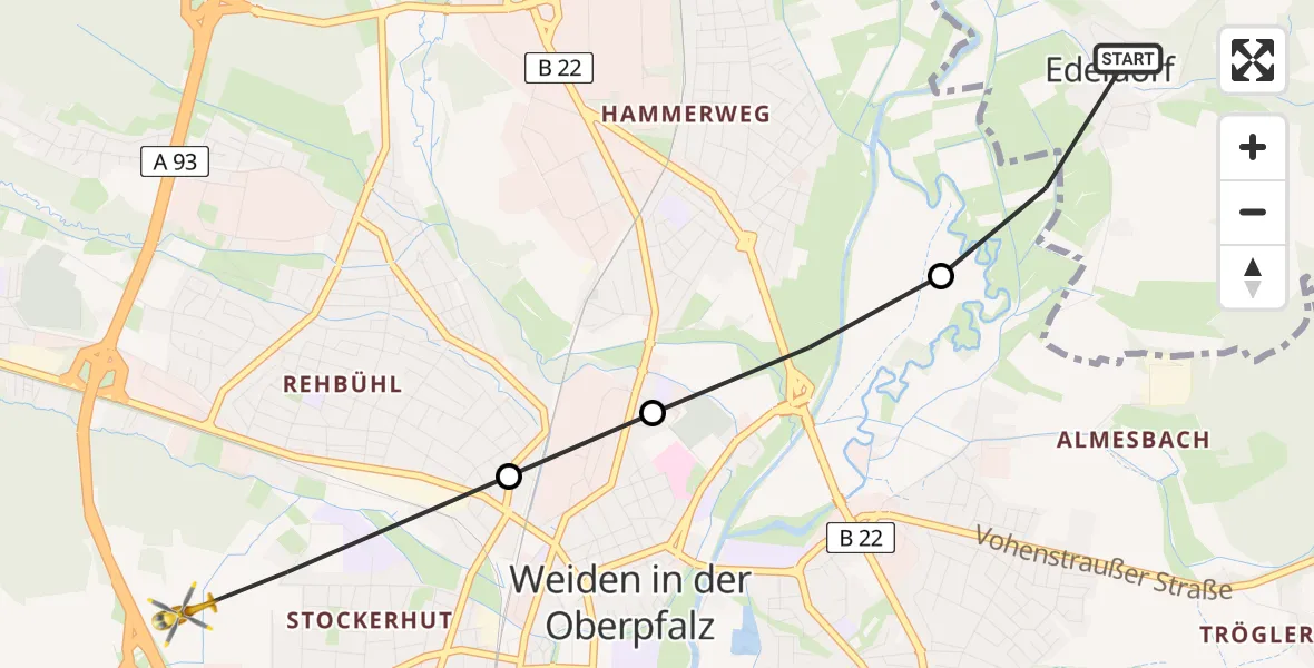 Flugroute Ambulanzhubschrauber Theisseil - Weiden i.d.OPf., 20 Juli 2026, 17:55