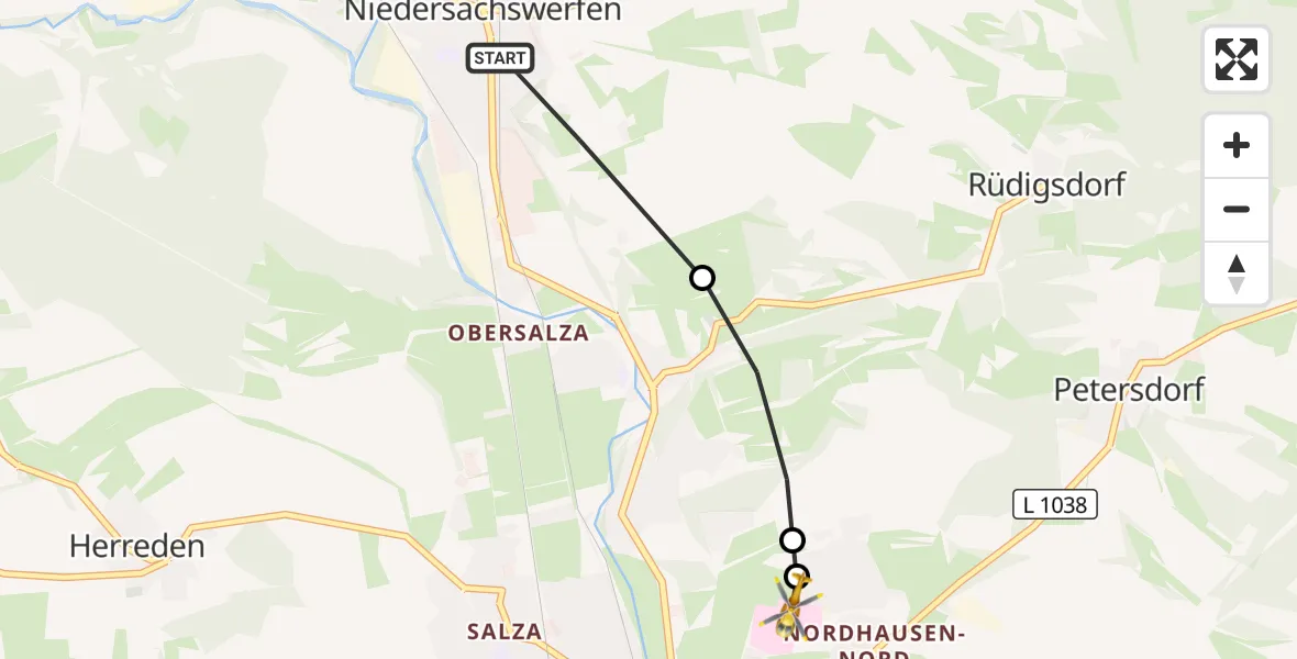 Flugroute Rettungshubschrauber Harztor - Südharz Hospital Nordhausen, 20 Juli 2026, 17:56