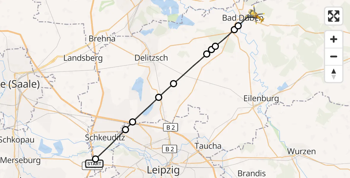 Flugroute Rettungshubschrauber ADAC Air Rescue Station Leipzig/Schkeuditz-Dölzig Hubschrauberlandeplatz (Christoph 61) - Bad Düben, 20 Juli 2026, 18:04