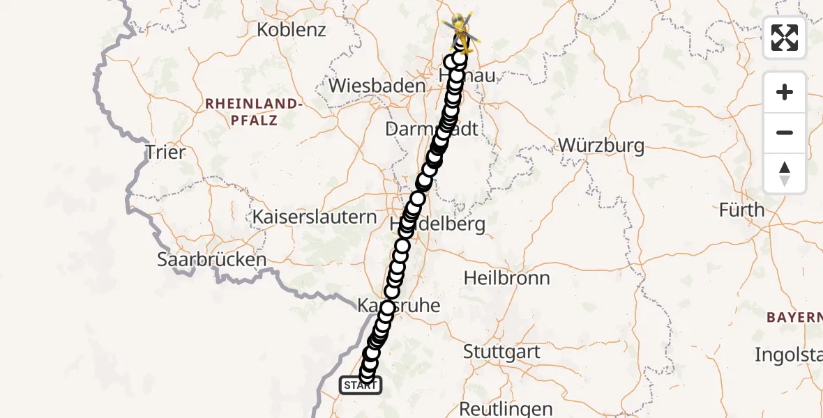 Flugroute Ambulanzhubschrauber Sasbachwalden - Florstadt, 20 Juli 2026, 18:05