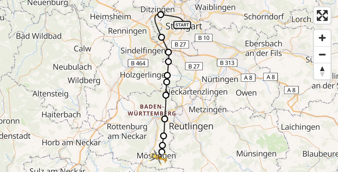 Flugroute Rettungshubschrauber Stuttgart - Mössingen, 20 Juli 2026, 18:07