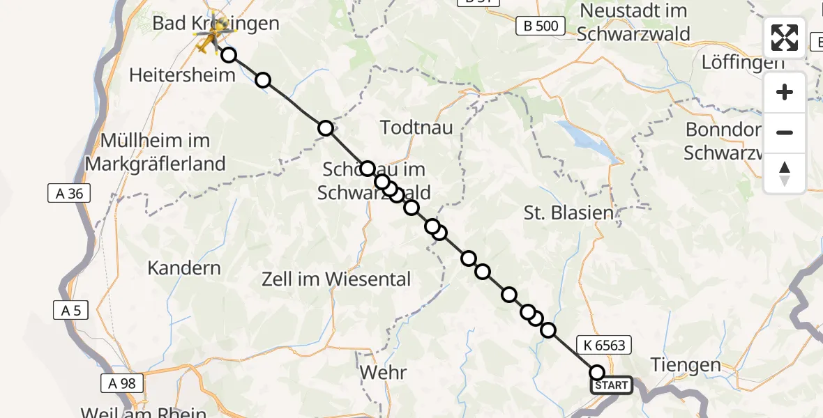 Flugroute Ambulanzhubschrauber Dogern - Bad Krozingen, 20 Juli 2026, 18:09