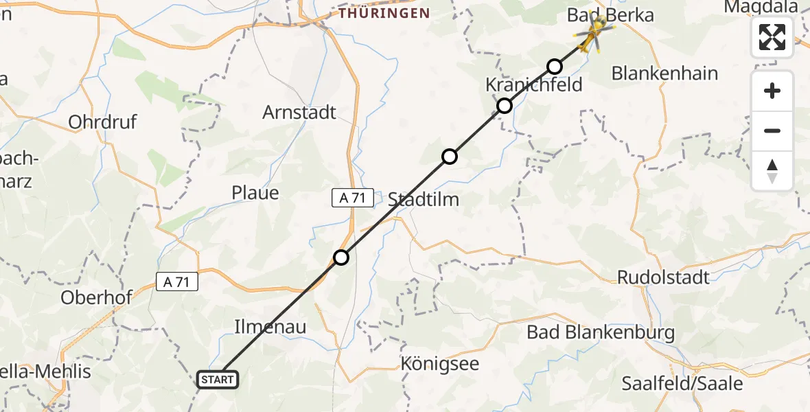 Flugroute Rettungshubschrauber Ilmenau - DRF Rettungsstation Bad Berka Hubschrauberlandeplatz, 20 Juli 2026, 18:10