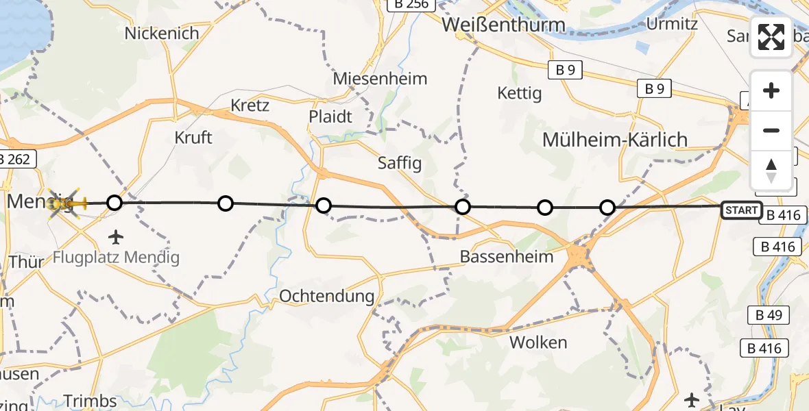 Flugroute Rettungshubschrauber Koblenz - Mendig, 20 Juli 2026, 18:10