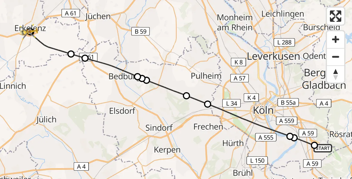 Flugroute Ambulanzhubschrauber Köln Bonn Flughafen - Hermann-Josef Hospital Erkelenz, 20 Juli 2026, 18:12
