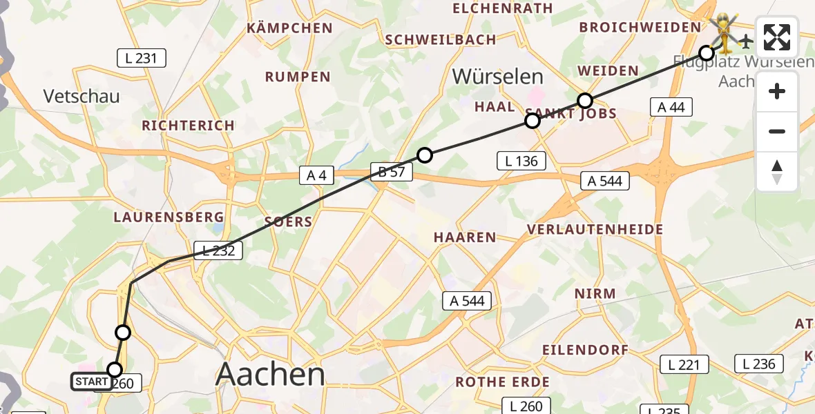 Flugroute Rettungshubschrauber Aachen Hospital - Aachen-Merzbrück Flughafen, 20 Juli 2026, 18:27
