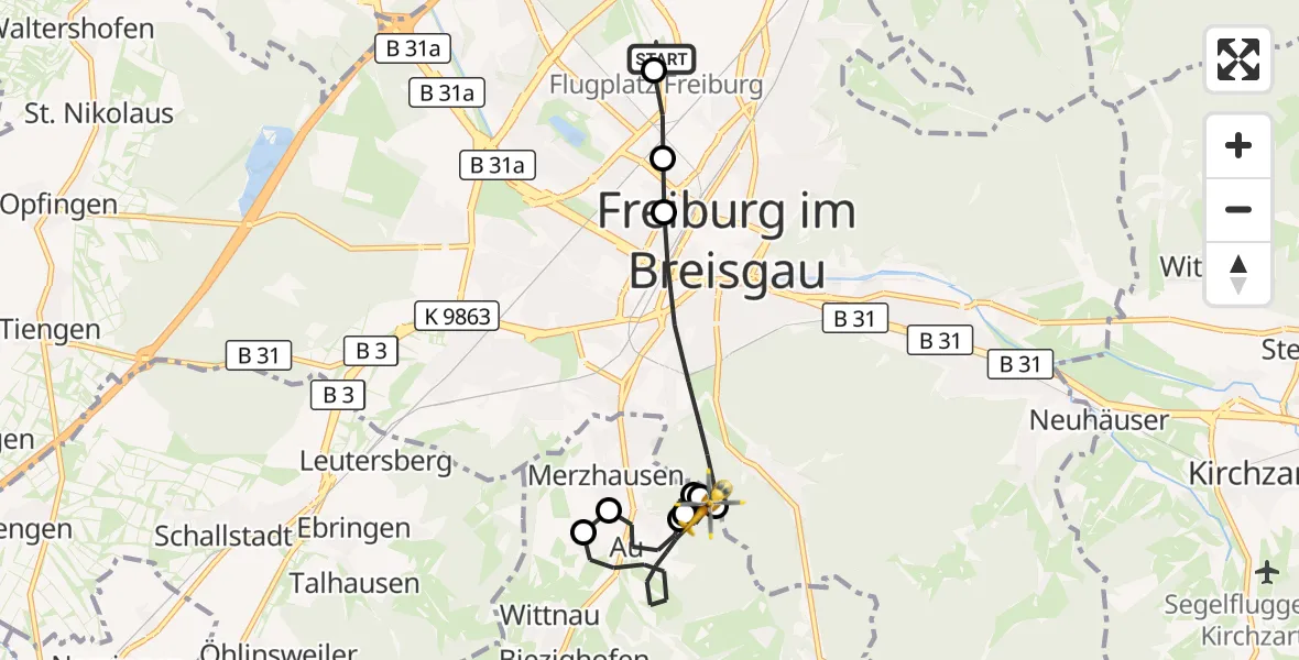 Flugroute Ambulanzhubschrauber Freiburg im Breisgau Flugplatz - Au, 20 Juli 2026, 18:38