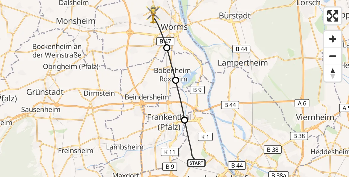 Flugroute Rettungshubschrauber Ludwigshafen am Rhein - Worms, 20 Juli 2026, 18:45