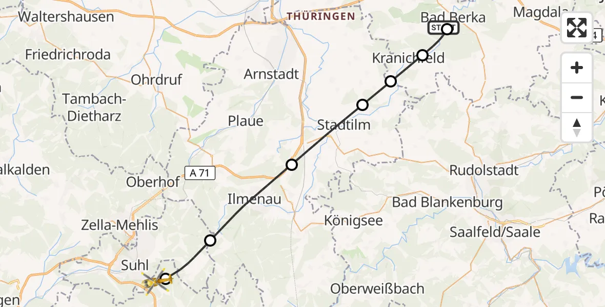 Flugroute Rettungshubschrauber Bad Berka Central Hospital - Schleusingen, 20 Juli 2026, 18:47
