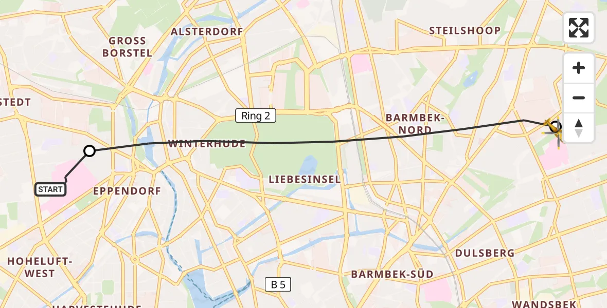 Flugroute Rettungshubschrauber Universitätsklinikum Hamburg-Eppendorf Hubschrauberlandeplatz - Hamburg Military Hospital, 20 Juli 2026, 18:53