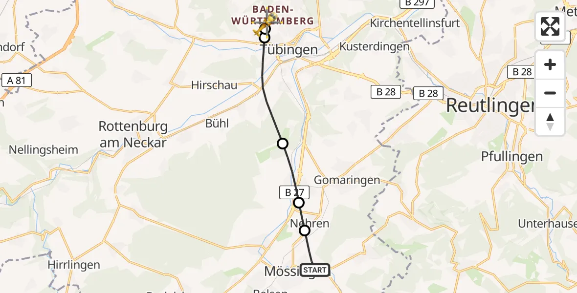 Flugroute Rettungshubschrauber Mössingen - Tübingen Trauma Hospital, 20 Juli 2026, 18:56