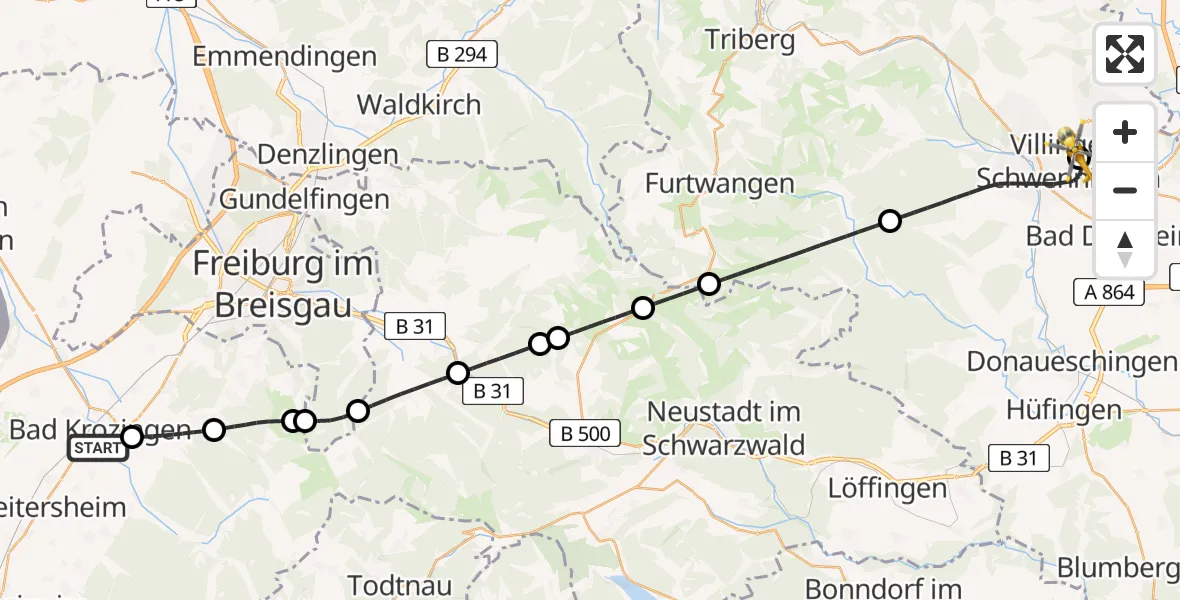 Flugroute Ambulanzhubschrauber Bad Krozingen - DRF Air Rescue Station Villingen-Schwenningen Hubschrauberlandeplatz (Christoph 11), 20 Juli 2026, 18:57