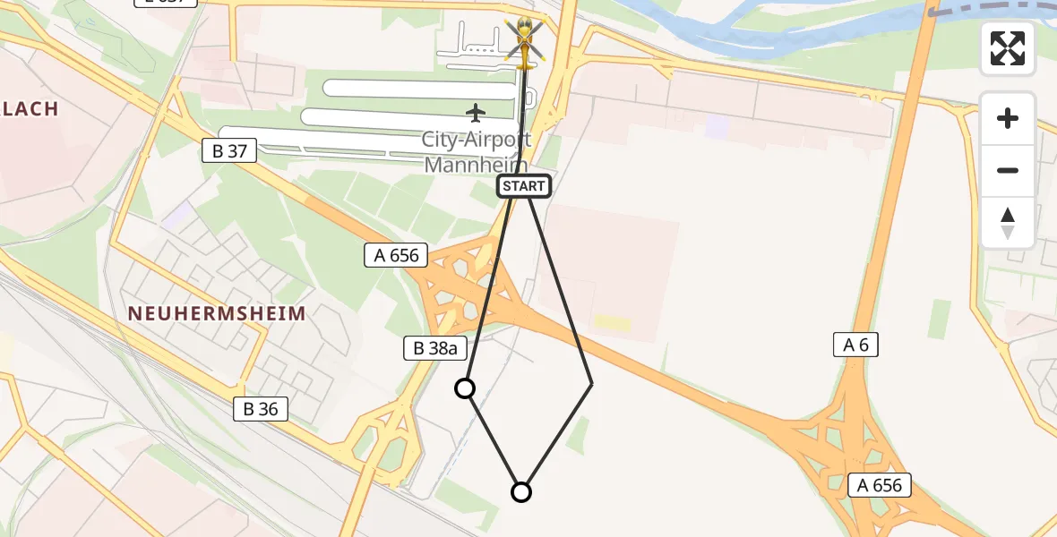 Flugroute Rettungshubschrauber Mannheim-City Flughafen - Mannheim-City Flughafen, 20 Juli 2026, 18:58