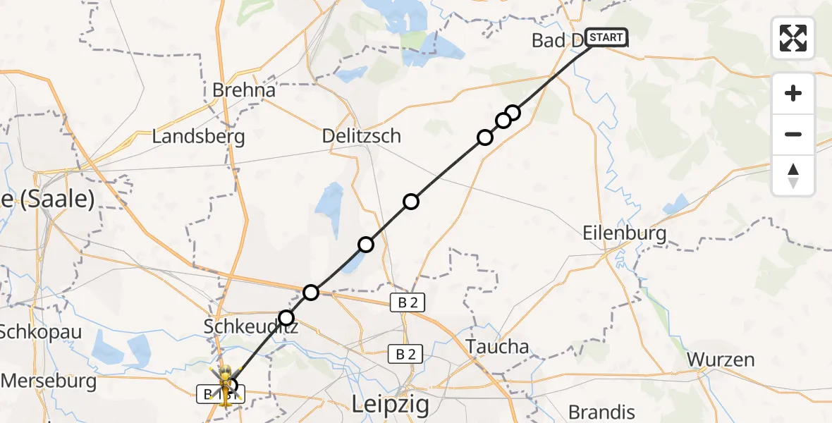Flugroute Rettungshubschrauber Bad Düben - ADAC Air Rescue Station Leipzig/Schkeuditz-Dölzig Hubschrauberlandeplatz (Christoph 61), 20 Juli 2026, 19:00