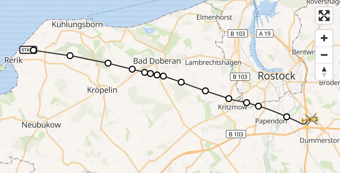 Flugroute Ambulanzhubschrauber Rerik - Dummerstorf, 20 Juli 2026, 19:07