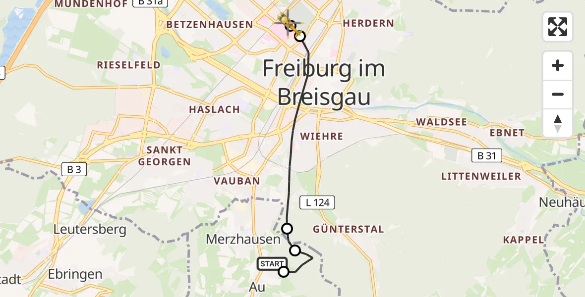 Flugroute Ambulanzhubschrauber Merzhausen - Freiburg University Hospital Heliport 1, 20 Juli 2026, 19:19