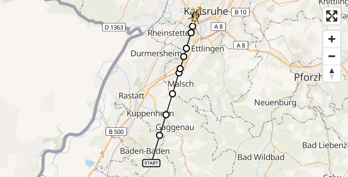 Flugroute Ambulanzhubschrauber Baden-Baden - Sankt Vincentius Hospital, 20 Juli 2026, 19:21