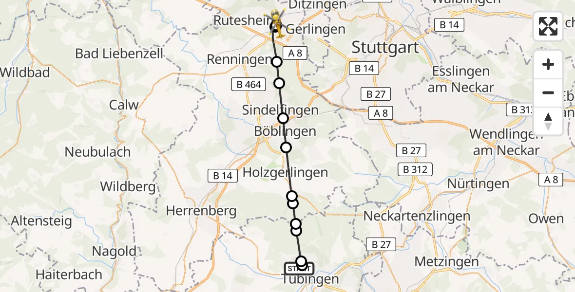 Flugroute Rettungshubschrauber Tübingen Trauma Hospital - Leonberg Hospital, 20 Juli 2026, 19:23