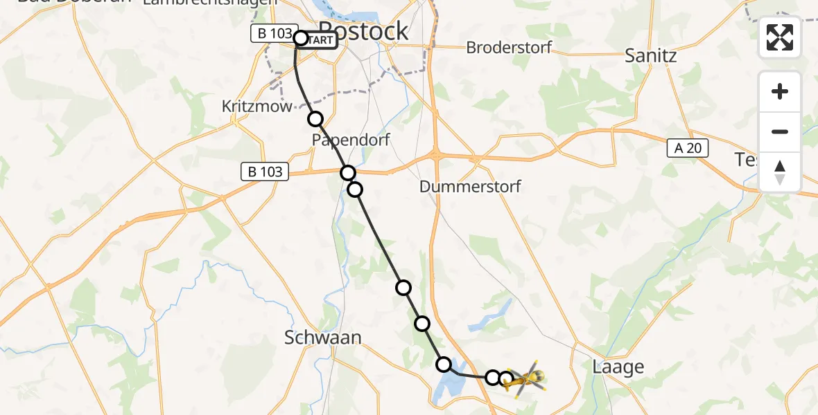 Flugroute Rettungshubschrauber Rostock University Hubschrauberlandeplatz - Flughafen Rostock-Laage, 20 Juli 2026, 19:34