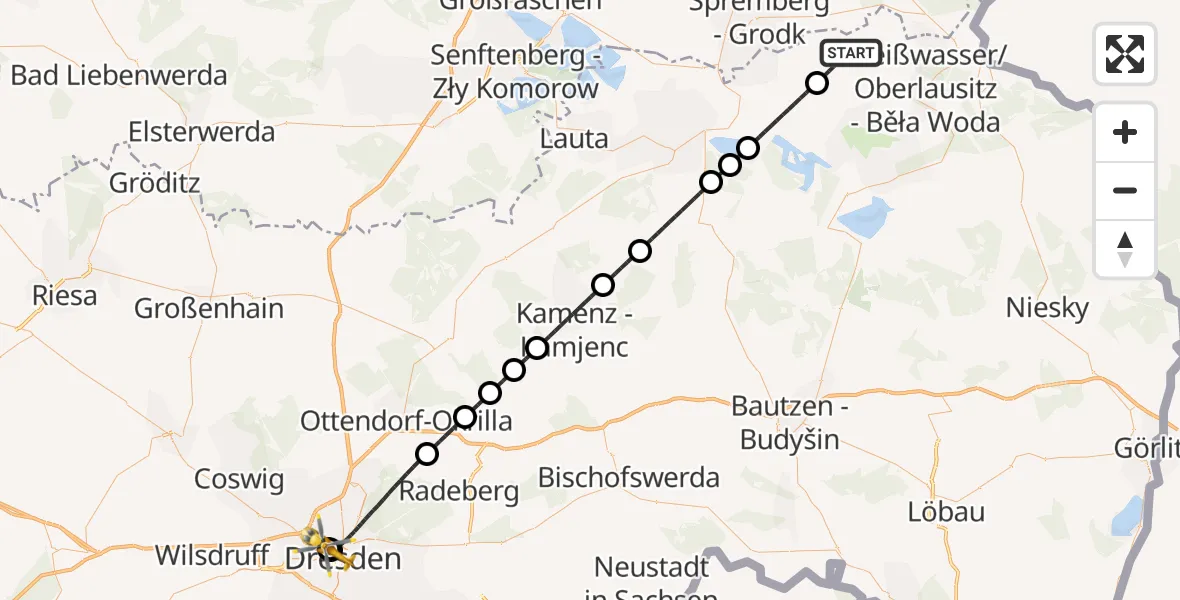 Flugroute Rettungshubschrauber Schleife - Dresden Friedrichstadt Hospital, 20 Juli 2026, 19:40