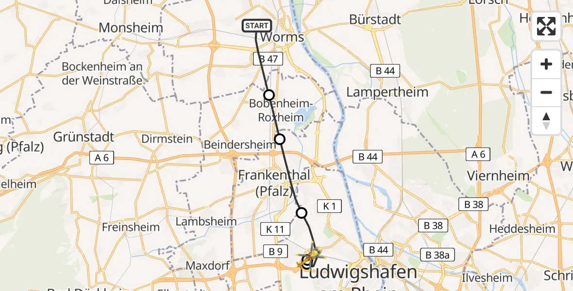 Flugroute Rettungshubschrauber Worms - Ludwigshafen Accident Hospital, 20 Juli 2026, 19:43
