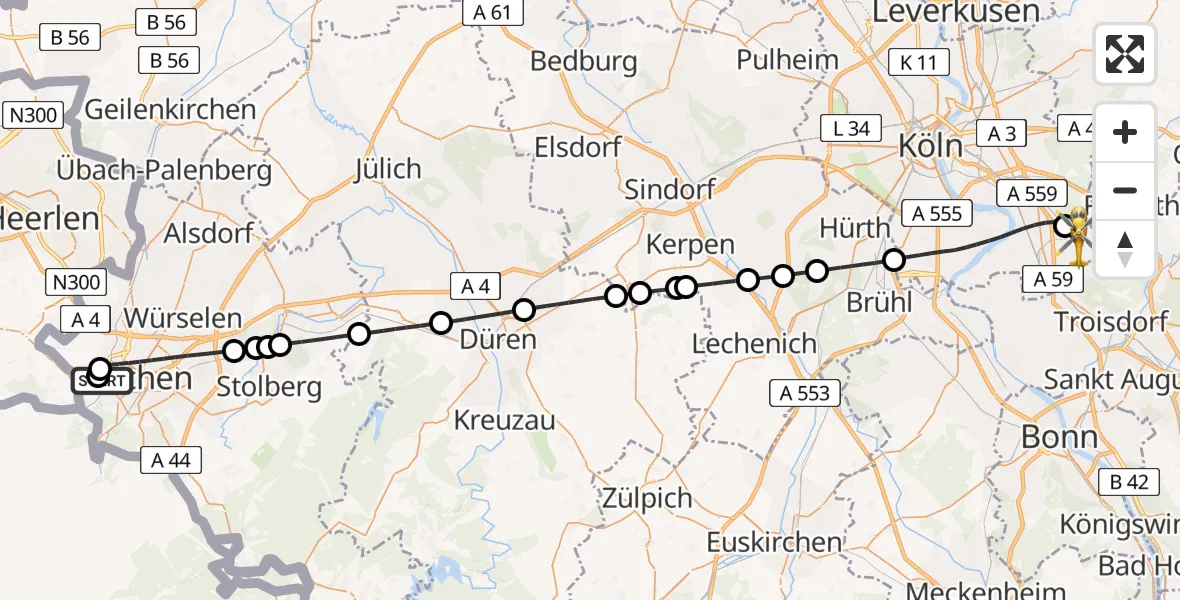 Flugroute Ambulanzhubschrauber Aachen Hospital - Köln Bonn Flughafen, 20 Juli 2026, 19:44
