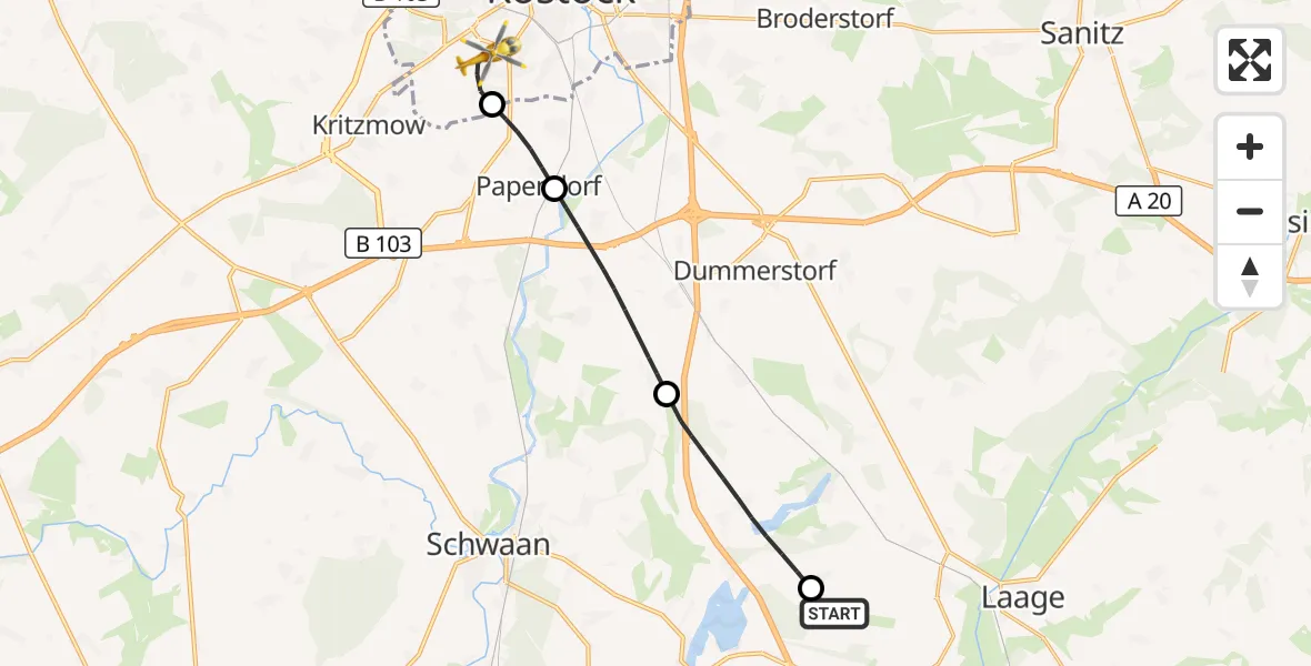 Flugroute Rettungshubschrauber Flughafen Rostock-Laage - Rostock, 20 Juli 2026, 19:56