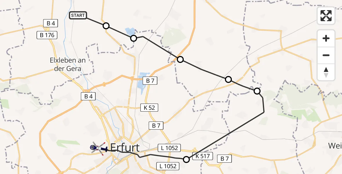 Flugroute Polizeihubschrauber Ringleben - Erfurt, 20 Juli 2026, 19:59