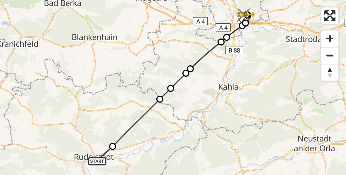 Flugroute Ambulanzhubschrauber Rudolstadt - Jena University Hospital, 20 Juli 2026, 20:00