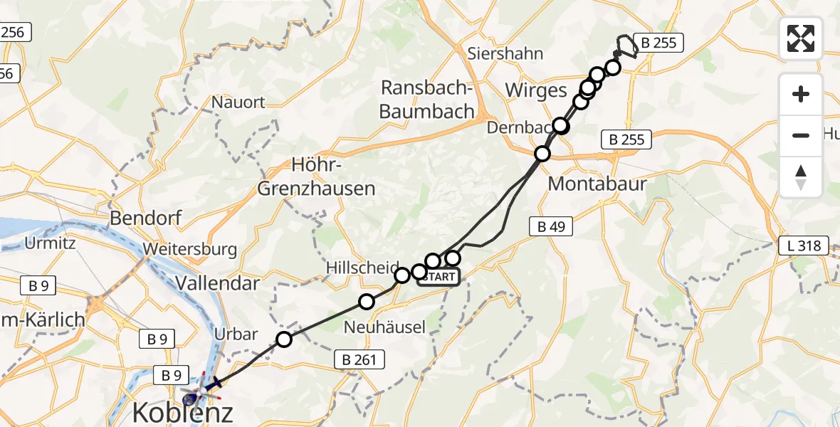 Flugroute Polizeihubschrauber Kadenbach - Koblenz, 20 Juli 2026, 20:08