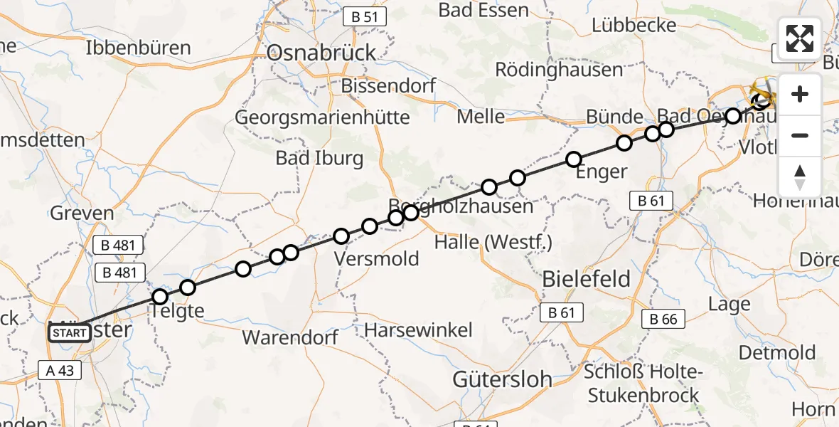 Flugroute Rettungshubschrauber Münster - Porta Westfalica Flugplatz, 20 Juli 2026, 20:08