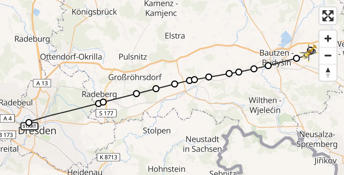 Flugroute Rettungshubschrauber Dresden Friedrichstadt Hospital - Bautzen Flugplatz, 20 Juli 2026, 20:25