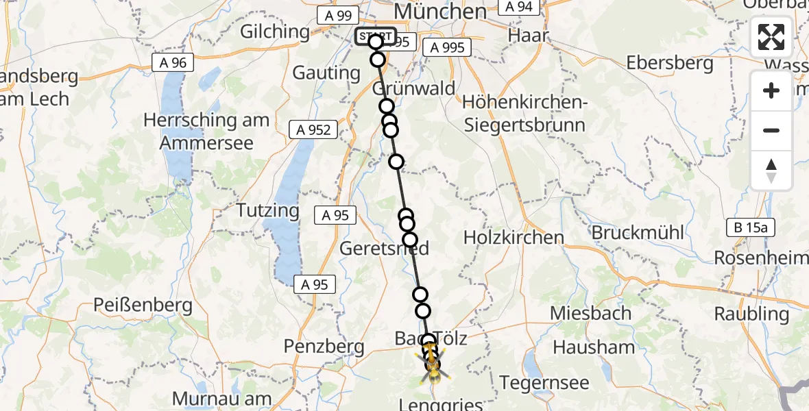 Flugroute Rettungshubschrauber DRF Air Rescue München Hubschrauberlandeplatz - Gaißach, 20 Juli 2026, 20:33