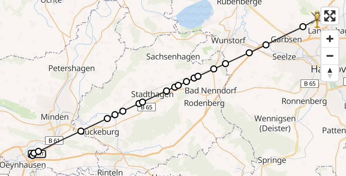 Flugroute Rettungshubschrauber Porta Westfalica Flugplatz - Flughafen Hannover, 20 Juli 2026, 20:58