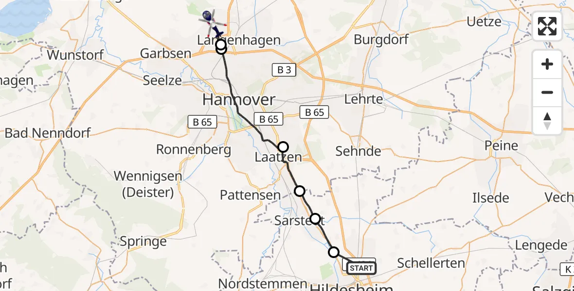 Flugroute Polizeihubschrauber Hildesheim - Flughafen Hannover, 20 Juli 2026, 21:13