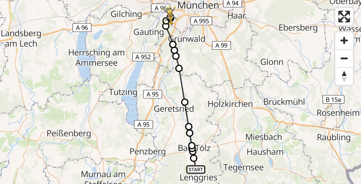 Flugroute Rettungshubschrauber Gaißach - DRF Air Rescue München Hubschrauberlandeplatz, 20 Juli 2026, 21:20