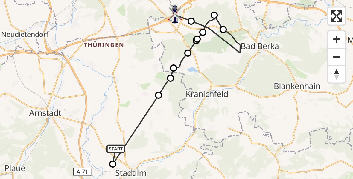 Flugroute Polizeihubschrauber Bösleben-Wüllersleben - Erfurt, 20 Juli 2026, 22:12