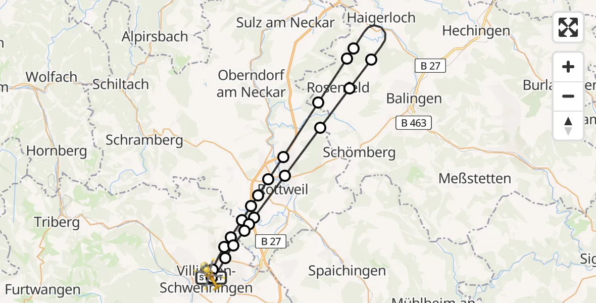 Flugroute Ambulanzhubschrauber DRF Air Rescue Station Villingen-Schwenningen Hubschrauberlandeplatz (Christoph 11) - DRF Air Rescue Station Villingen-Schwenningen Hubschrauberlandeplatz (Christoph 11), 20 Juli 2026, 22:25