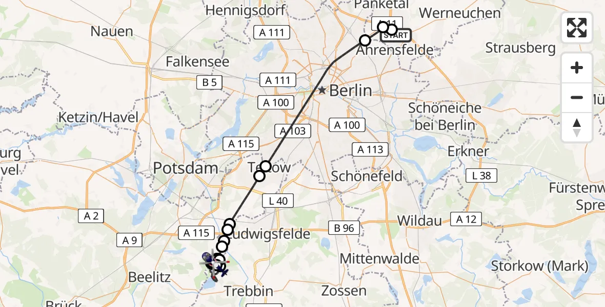 Flugroute Polizeihubschrauber Ahrensfelde Hubschrauberlandeplatz - Trebbin, 20 Juli 2026, 23:36