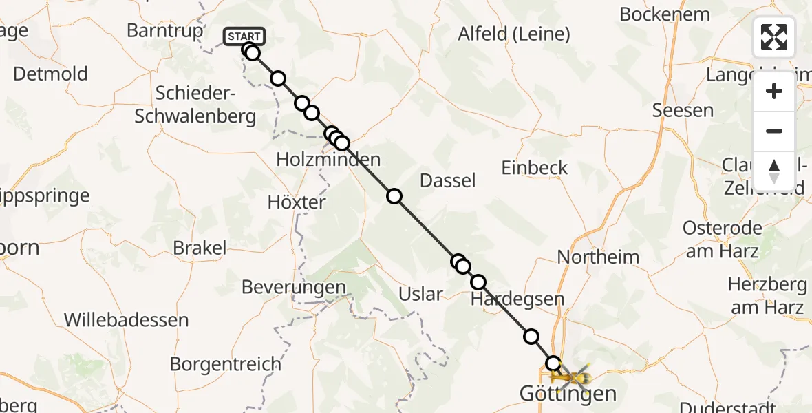 Flugroute Rettungshubschrauber Bad Pyrmont - Göttingen University Clinic Hubschrauberlandeplatz, 21 Juli 2026, 00:05