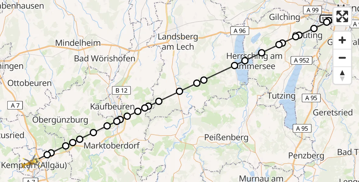 Flugroute Rettungshubschrauber DRF Air Rescue München Hubschrauberlandeplatz - Kempten (Allgäu), 21 Juli 2026, 00:26