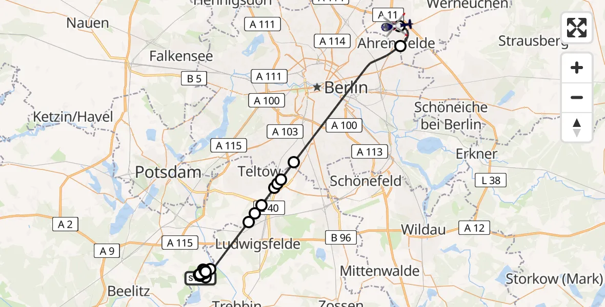 Flugroute Polizeihubschrauber Trebbin - Ahrensfelde Hubschrauberlandeplatz, 21 Juli 2026, 00:27