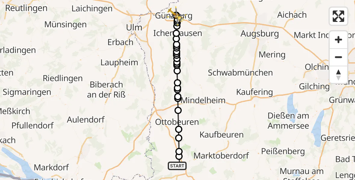 Flugroute Rettungshubschrauber Kempten (Allgäu) - Günzburg Hospital, 21 Juli 2026, 01:13